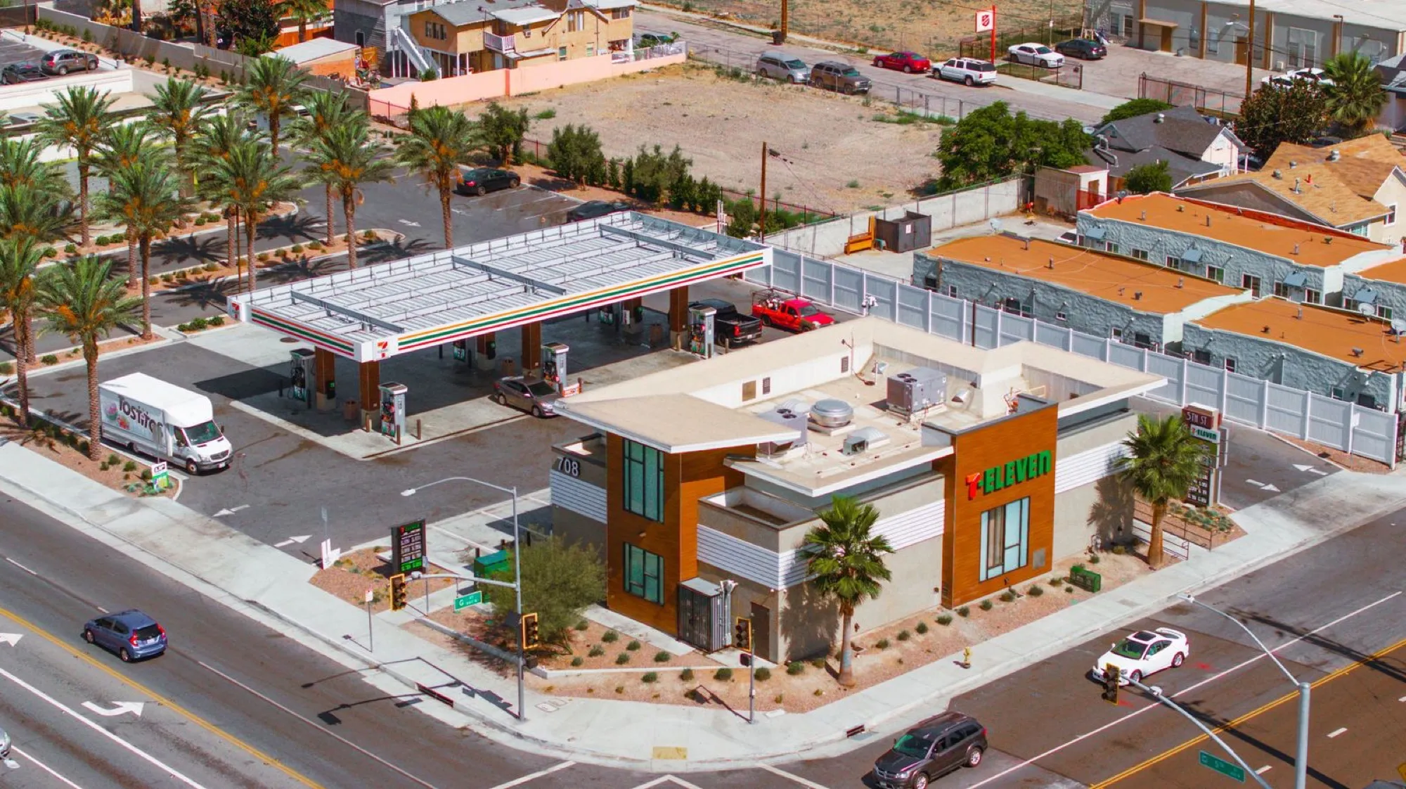 Aerial view of a completed 7-Eleven store and fuel canopy built by Pacific View Construction